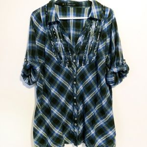 Maurices Black and Blue Plaid Button Down Shirt 2X
